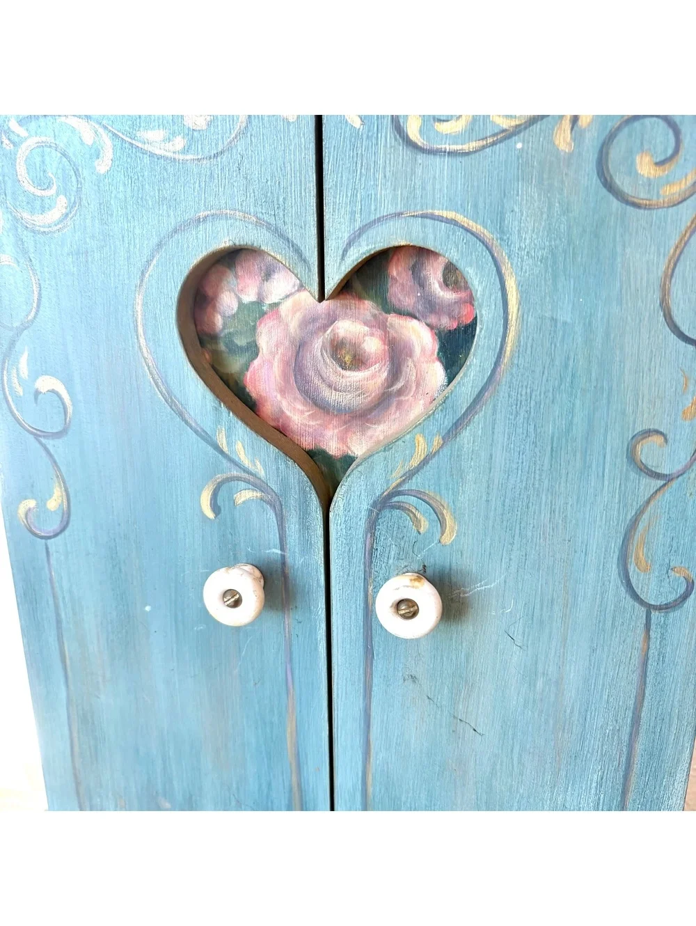 Hand Painted Folk Art Wooden Wall Cabinet Heart Doors Floral Cottage 13” Tall